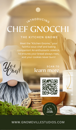 Load image into Gallery viewer, A handmade guardian, Chef Gnocchi the Kitchen Gnome brings gourmet magic with cookies, baking tools, and greenery in this charming display.
