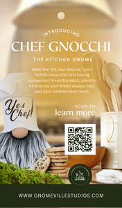 A handmade guardian, Chef Gnocchi the Kitchen Gnome brings gourmet magic with cookies, baking tools, and greenery in this charming display.