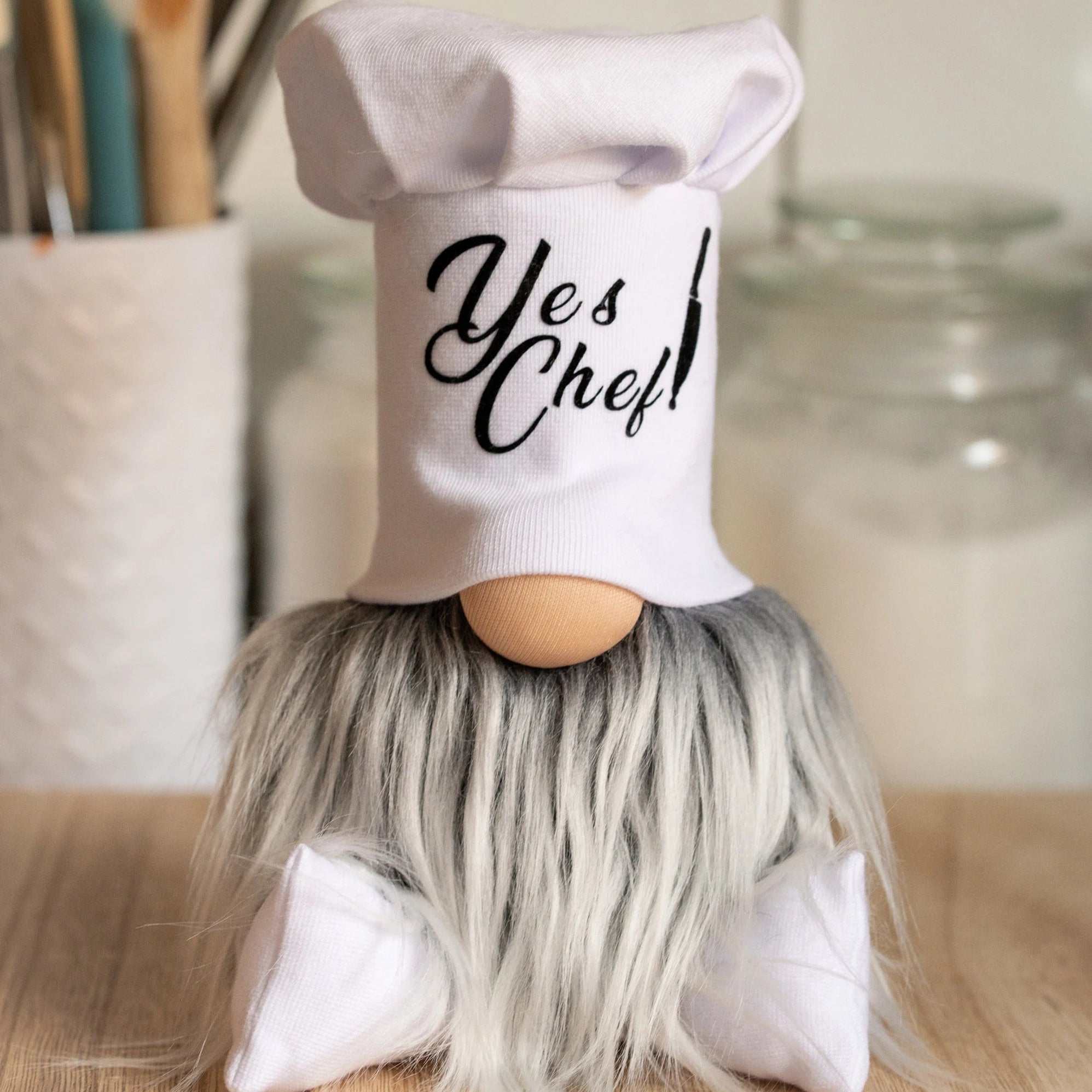 Chef Gnocchi, a handmade kitchen guardian gnome with a long gray beard and Yes Chef! hat, brings gourmet home decor charm to your space.