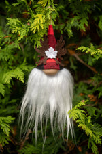 Load image into Gallery viewer, Red buffalo check ornament gnome with  moose antlers and Canadian flag
