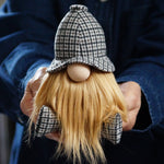 Load image into Gallery viewer, Person holding a sherlock gnome with a checkered hat and blonde hair.
