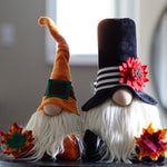 Load image into Gallery viewer, Fall harvest gnome set one with top hat and fall leaves the other orange gnome with bendable  hat

