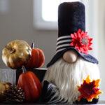 Load image into Gallery viewer, Fall Harvest gnome with black top hat and sunflower on the hat. Scandinavian Nisse autumn gnome
