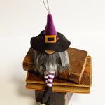 Load image into Gallery viewer, A colourful witch ornaments with purple hats, black outfits, and grey beards, designed for Halloween decoration.
