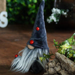 Load image into Gallery viewer, Decorative gnome with a long gray beard and red ladybug accents, standing next to a plant on a wooden surface.
