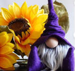 Load image into Gallery viewer, Handmade fall wizard gnome with purple  bendable hat for whimsical fall tiered tray decor or Halloween decor and great gift for Scandinavian gnome lovers
