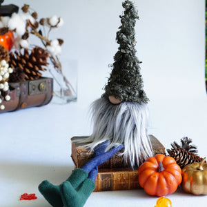 Decorative gnome with a dark green mossy looking hat 