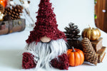 Load image into Gallery viewer, Gnome with a red hat and white beard surrounded by pumpkins and pinecones on a white surface.
