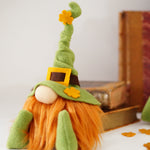 Load image into Gallery viewer, handmade plush leprechaun gnome featuring a bendable pointed hat, ginger beard, and lucky gold accents for St Patrick's day decor
