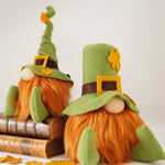 Load image into Gallery viewer, Irish gnome with top hat and leprechaun gnome  sitting side by side on top of a stack of books.
