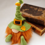 Load image into Gallery viewer, handmade plush leprechaun gnome featuring a bendable pointed hat, ginger beard, and lucky gold accents ideal for St Patrick's day decor
